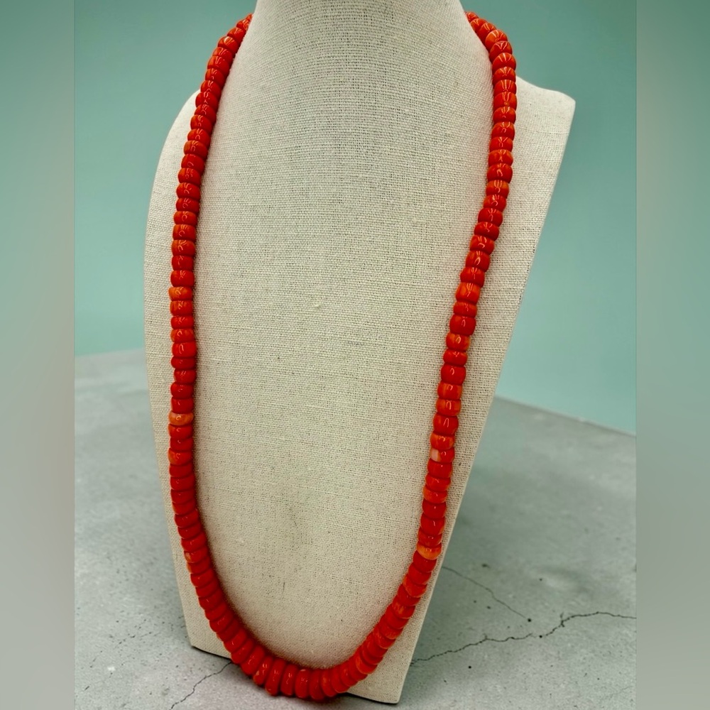 Vintage Graduated Coral Rondelle Bead Statement Necklace 26” Orange Coral 91g